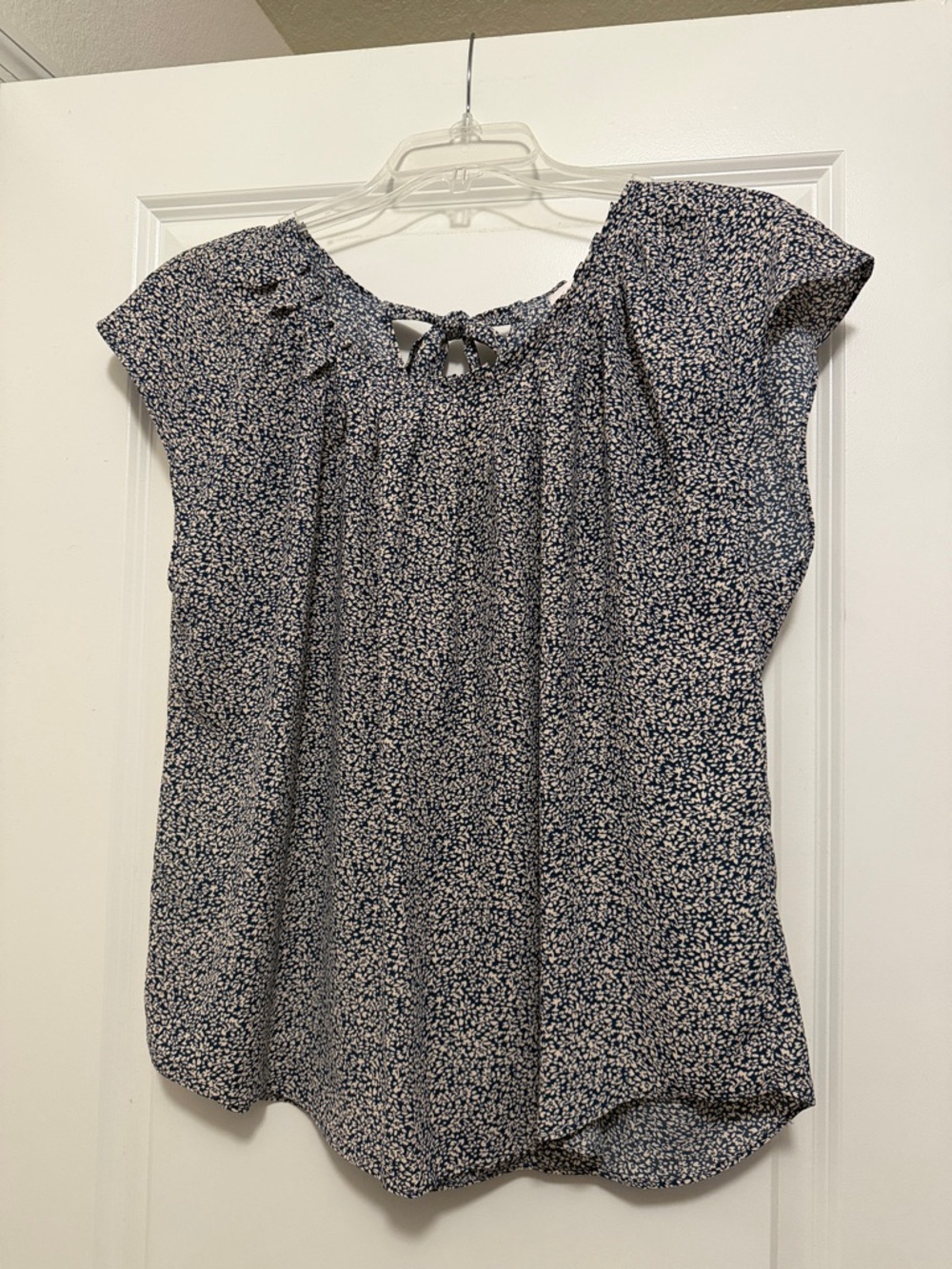 LC Lauren Conrad Navy Micro-Floral Tie Neck Cap Sleeve Top